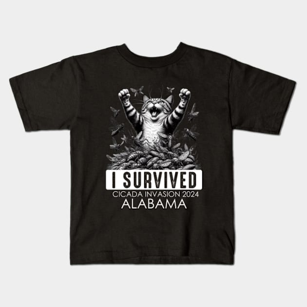 Alabama Cicada Invasion Survivor Funny Cat Kids T-Shirt by GreenCraft